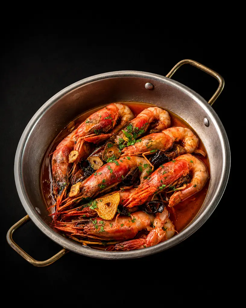 Cazuela de gambas al ajillo frescas, especialidad del restaurante Cal Miquel